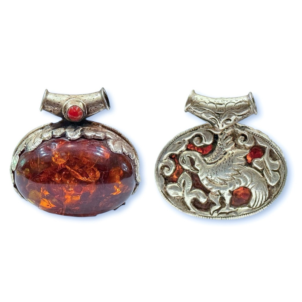 Large Tibetan 925 Sterling Silver Baltic Amber Repousse Reversible Pendant